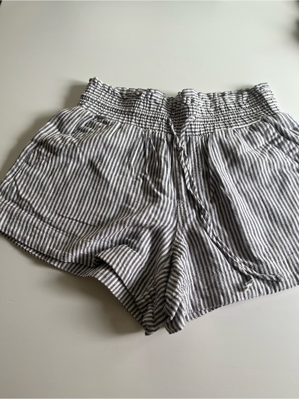 a new day Gray and White Striped Smocked Waist High-Rise Shorts